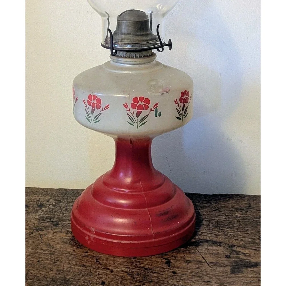 Vintage Red Frosted Glass Kerosene Oil Lamp Cold Painted Floral with Chimney 18